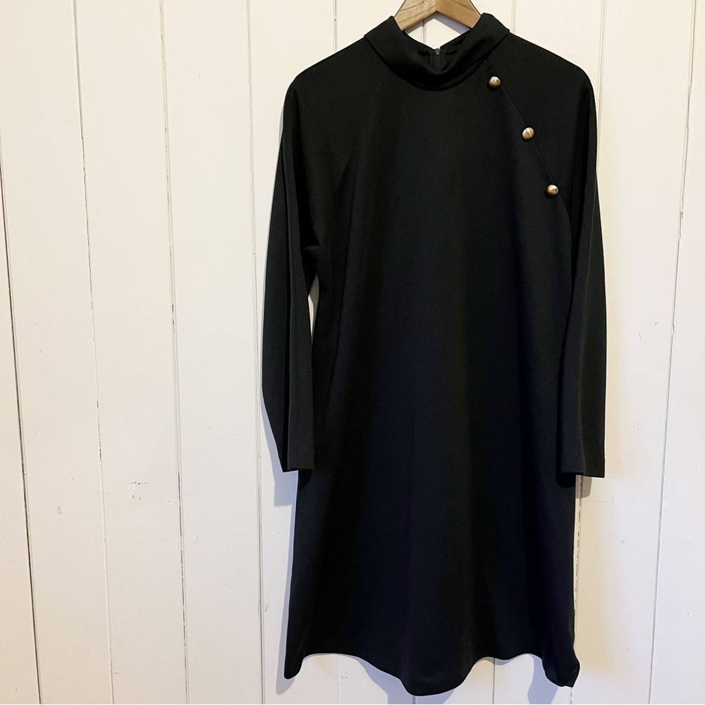 Elegant Black Dress with Gold Button Accents